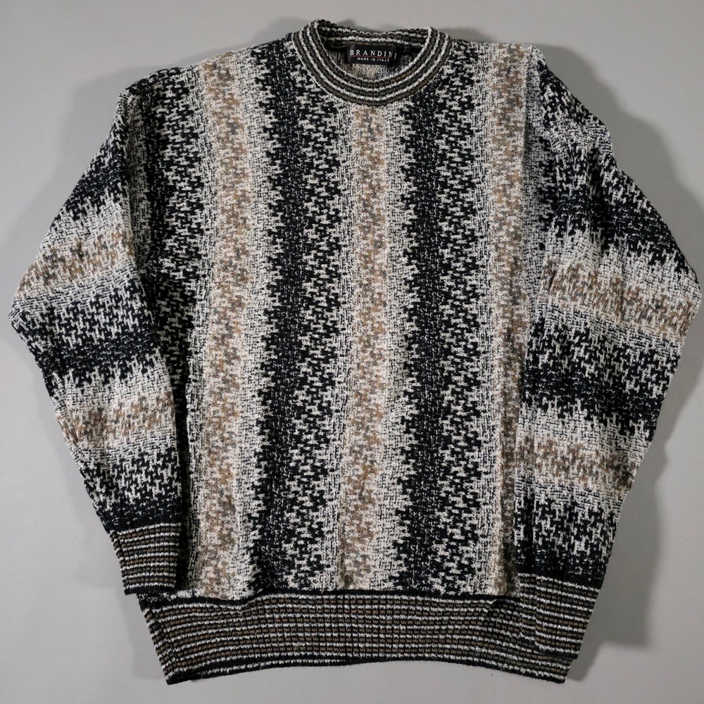 Brandini Sweater Mens XL Black White Tan Made in‎ Italy Wool Blend Textured Knit